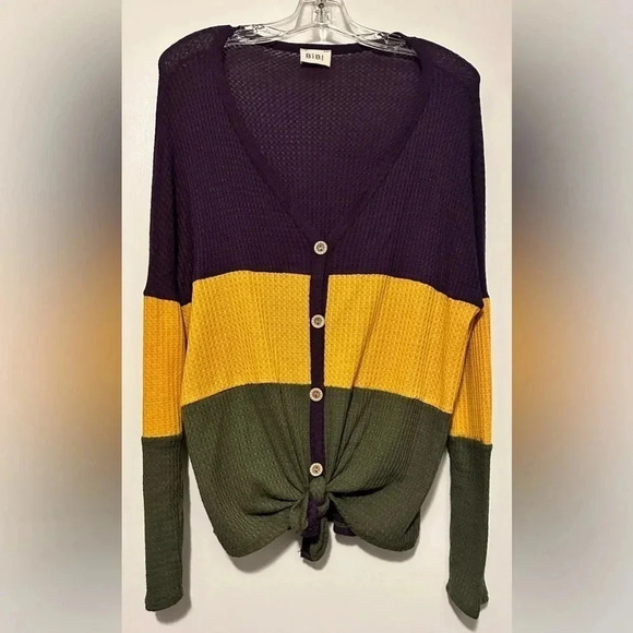 Bibi waffle purple gold olive long sleeve tie front top size M - Picture 2 of 6